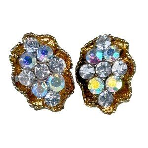 Vintage Gold Tone Earrings with Shiny Rhinestone Accents Pierced Post Women